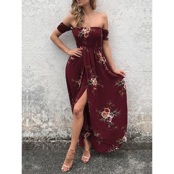 Dresses & Skirts - Burgundy Floral Smocked Off Shoulder High Lo Dress